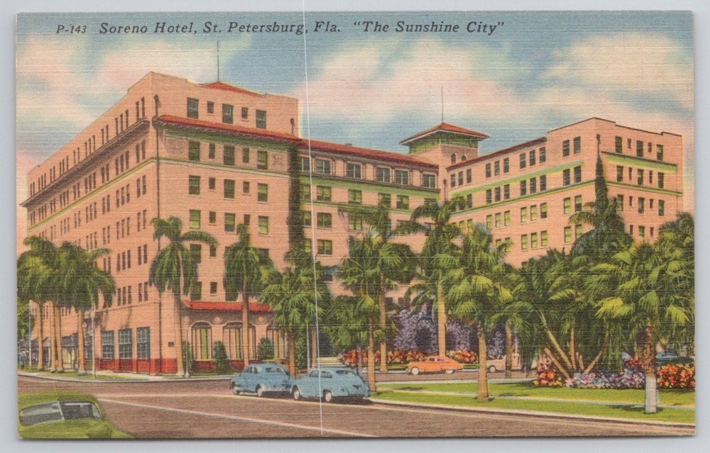 Soreno Hotel St. Petersburg Florida Linen Postcard Tichnor Bros. 1940s