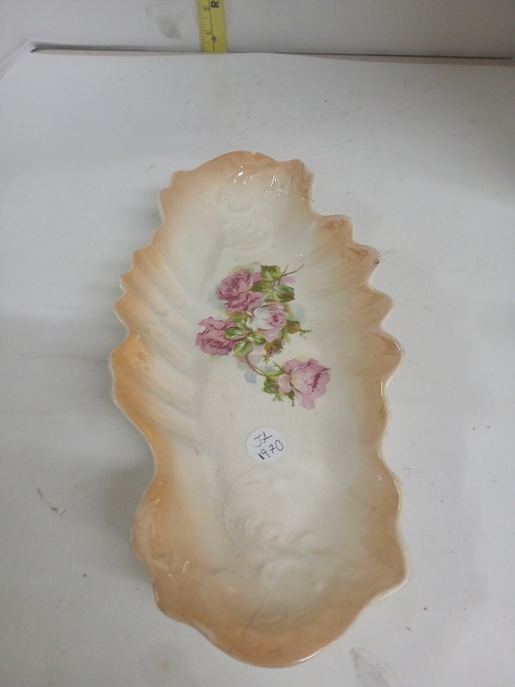 Vintage Peach Lusterware Porcelain Leaf Dish Pink Roses Trinket Tray Gold Trim