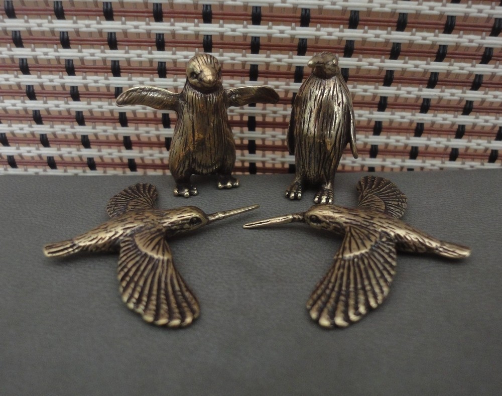 Solid Brass Little Penguins and Birds Couples Figurines 2 Pairs of Statues