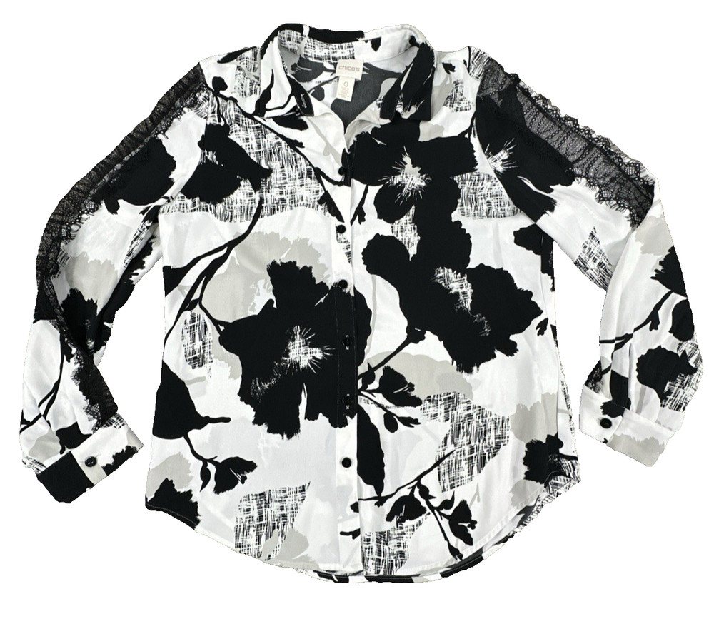 Chico's Women's Sheer Sleeve Black White Floral Button Up Blouse Size S Regular