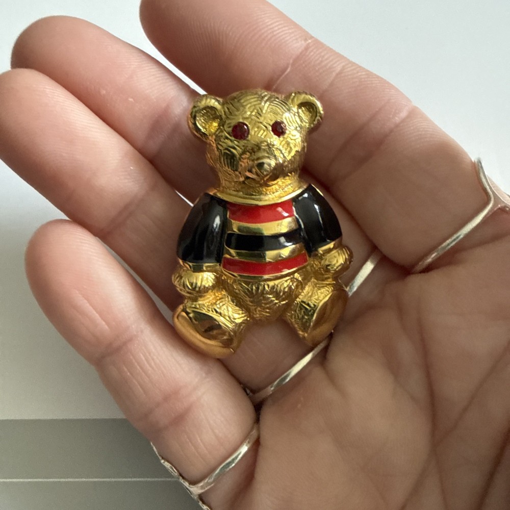 Anne Klein Gold Tone Teddy Bear Brooch Pin With Black & Red Enamel
