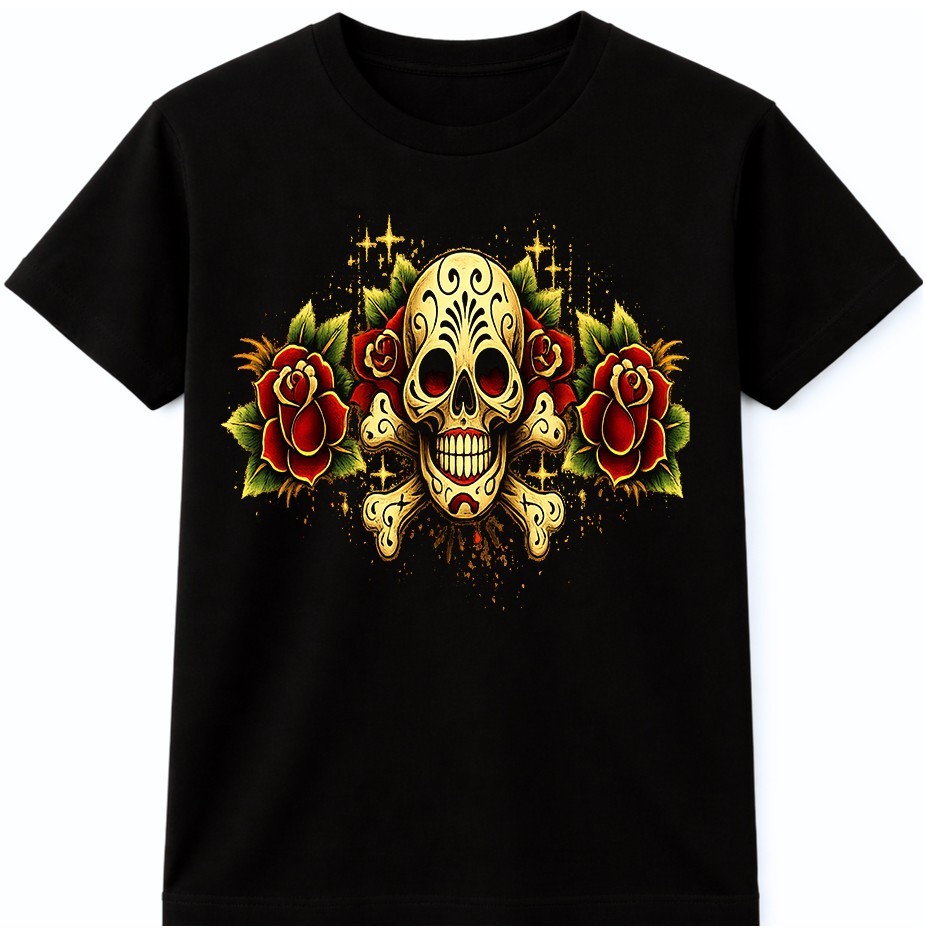 Sugar Skull Rose T-Shirt Gothic Floral Crossbones Tattoo Style Graphic Tee