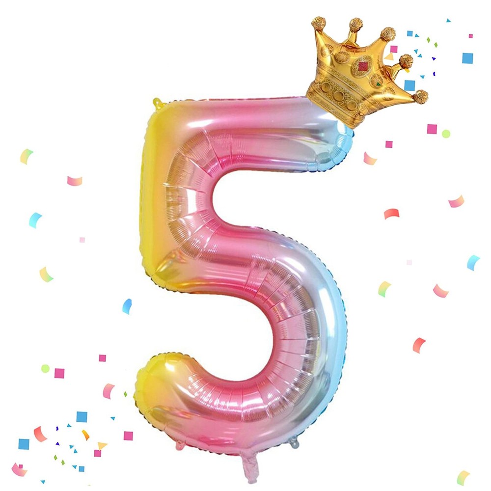 Rainbow Gradient Number 5 Balloon,40 Inch Giant Number 5 Balloon & Mini Crown...
