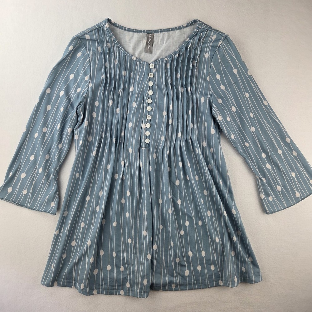 Noracora Women's Size Medium Tunic Top Vertical Lines Woth Polka Dots Light Blue