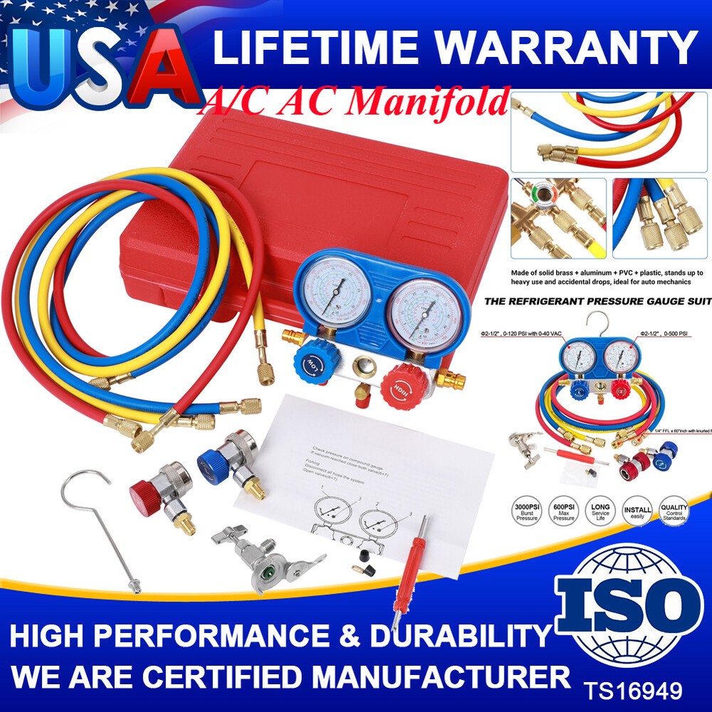 5FT Color Hose AC Manifold Gauge Set for HVAC Refrigeration Freon Vacuum-image