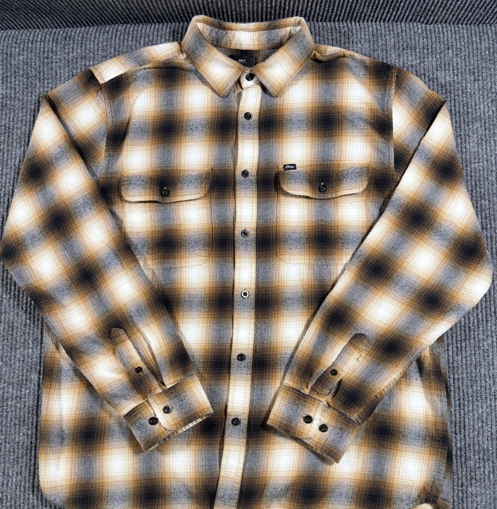 Obey Shirt Mens Large Flannel Shadow Plaid Long Sleeve Button Up Brown Black