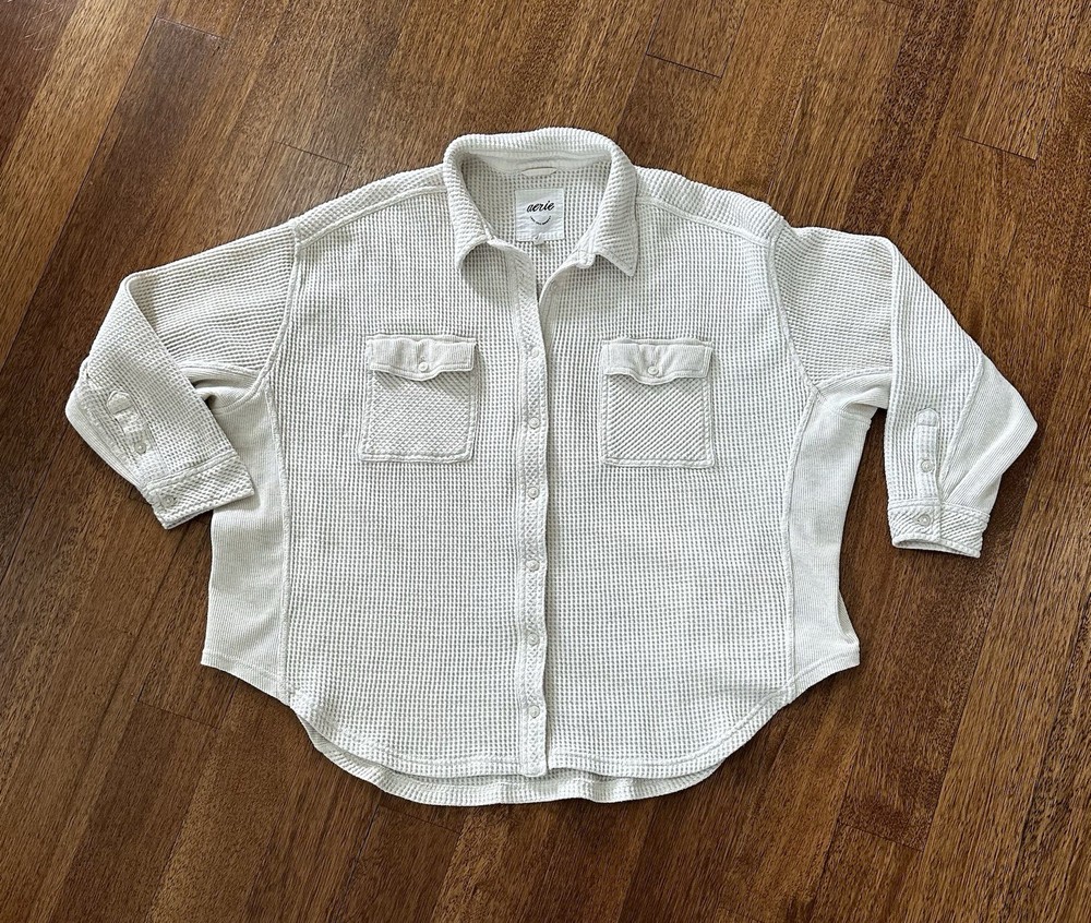 Aerie Top Womens L Ivory Lumberjane Oversize Button Up Waffle Thermal Shacket