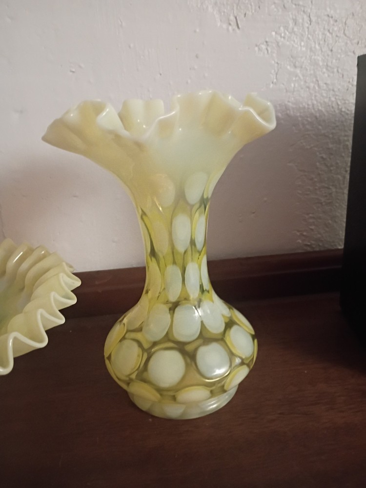 Fenton Topaz Vaseline Coin dot 6 1/4” Crimped Vase UV Opalescent  Glows