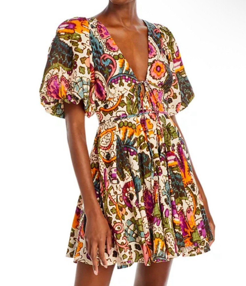 Rhode Madeline Mini Dress Sz 2 Multicolor Floral Puff Sleeve Lined Cotton Boho