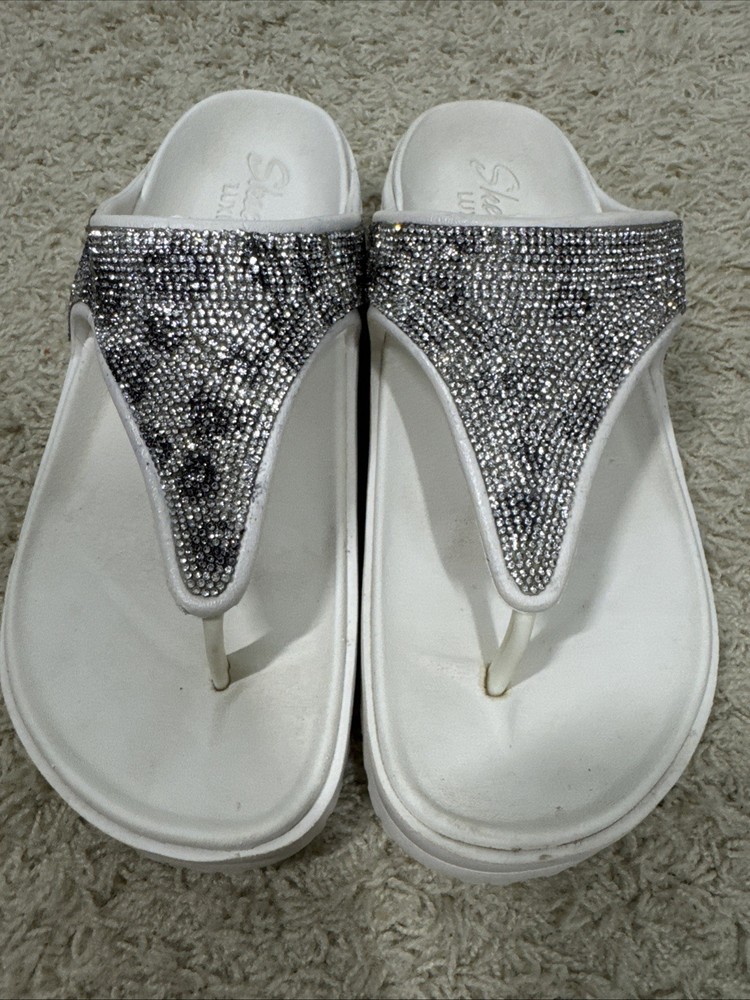 Skechers Luxe Foam Thong Sandals Size 9 Silver Black Sparkle Wedge Slides