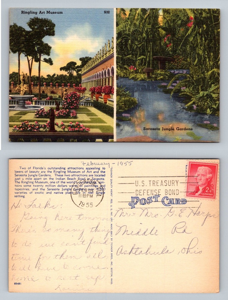 Sarasota, FL-Florida, Ringling Art Museum Jungle Gardens Vintage c1955 Postcard