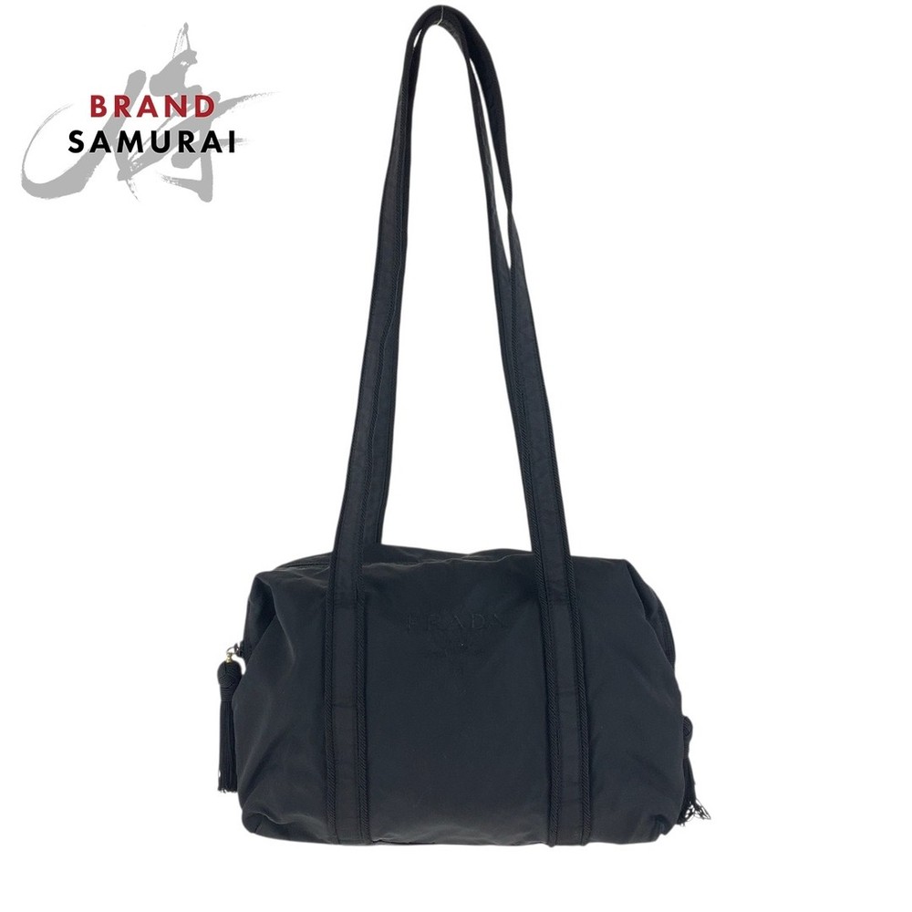 RARE PRADA Tessuto Logo Black Nylon Shoulder Bag with Silver Hardware
