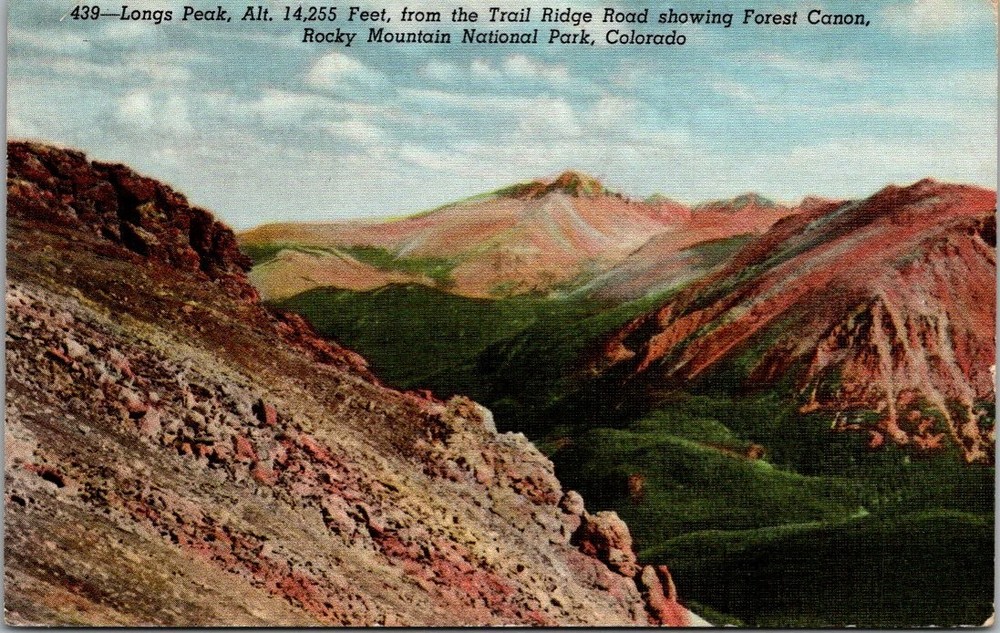 1944 Longs Peak Rocky Mountain National Park CO Postcard Trail Ridge Road