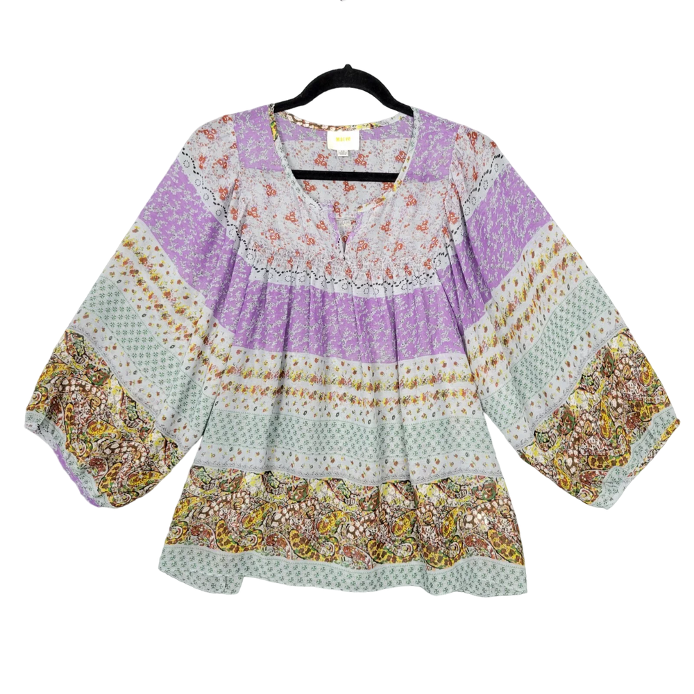 MAEVE Multicolor Floral Sheer Bohemian Striped Peasant Top SIZE XS