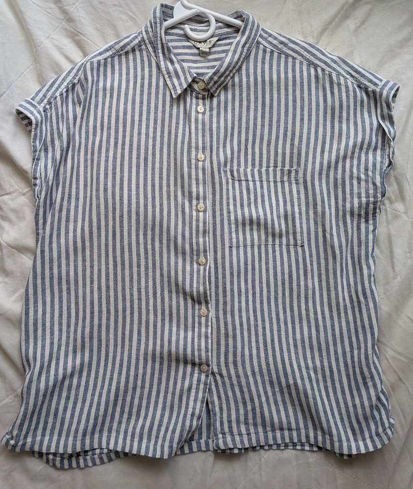 Orvis Women's Short Sleeved Shirt  XL Blue White Stripe Linen Blend