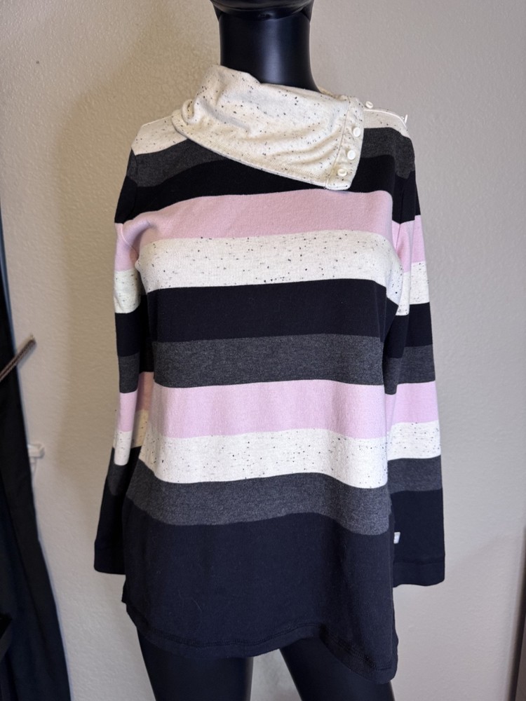 T by Talbots Black, White & Pink Striped Long Sleeve Top Folded Collar Size MP