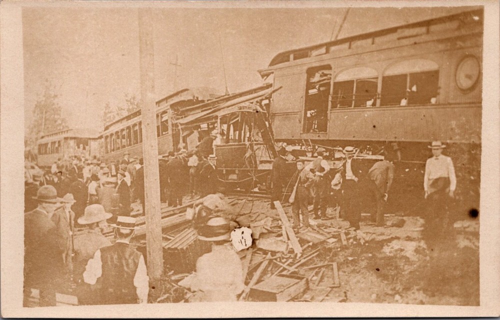 Vintage KRUXO RPPC Train Trolley Wreck Disaster Accident Onlookers Postcard