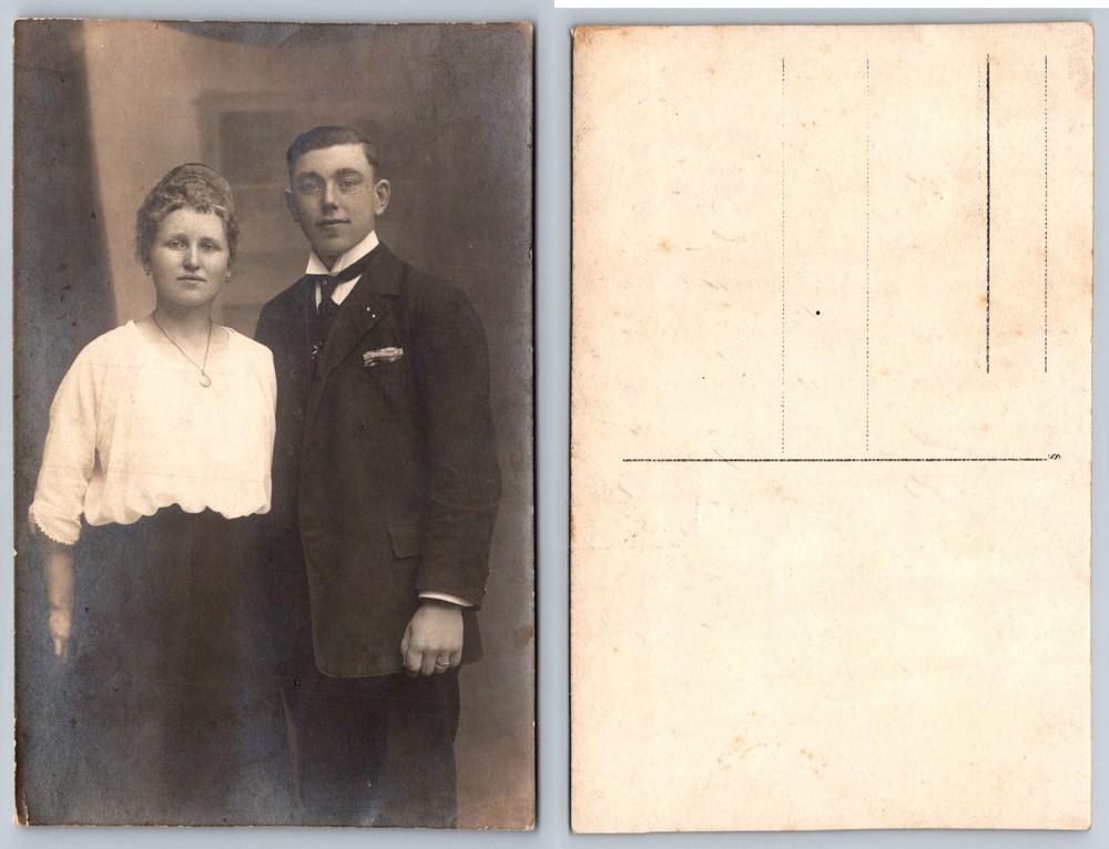Vintage RPPC Portrait Man Woman Couple Real Photo Postcard c. 1910s Fashion