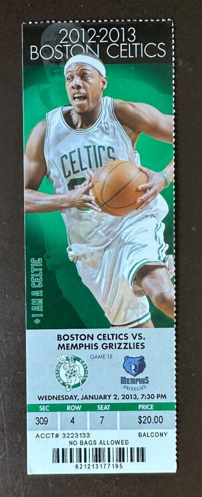 Boston Celtics 1/2/2013 NBA ticket stub vs Memphis Grizzlies