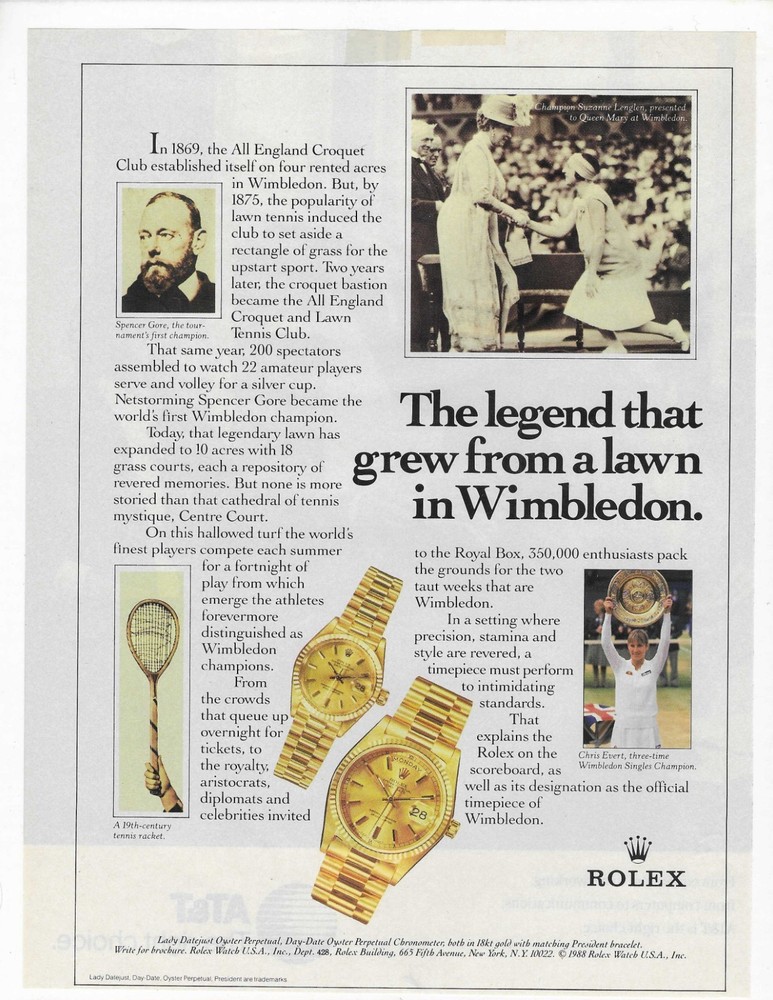 Tennis Chris Evert /Suzanne Lenglen / Queen Mary  Rolex  Original Print Ad