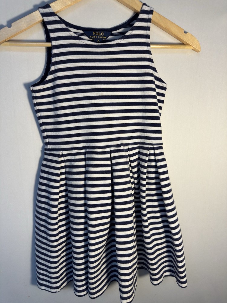 Polo Ralph Lauren Girls Striped Fit Flare Dress Navy White Size M 8 10