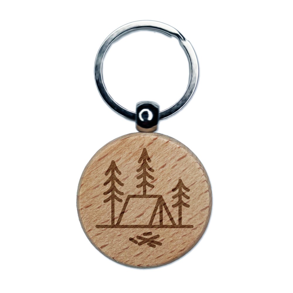 Simple Tent Camping in Woods Engraved Wood Round Keychain Tag Charm