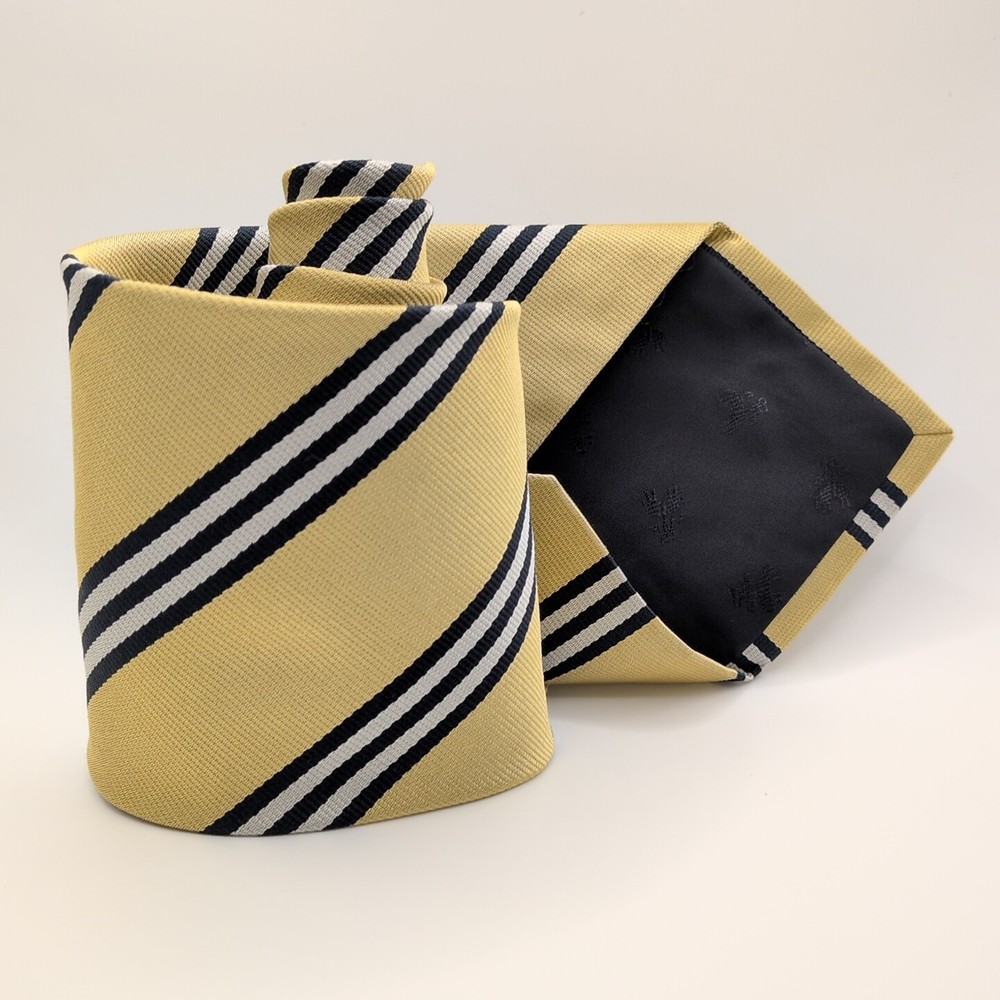 NWOT Brooks Brothers Yellow Navy Blue White Striped Tie Silk Made In USA