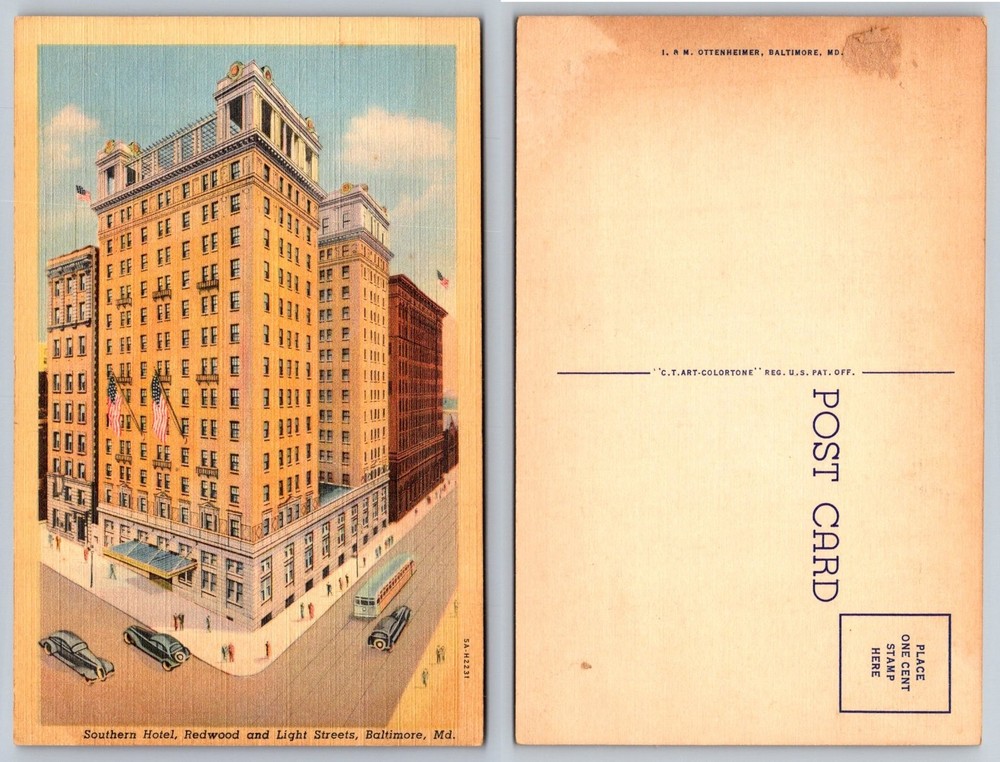 Southern Hotel Baltimore MD Linen Postcard 1930s Art-Colortone Redwood Light St