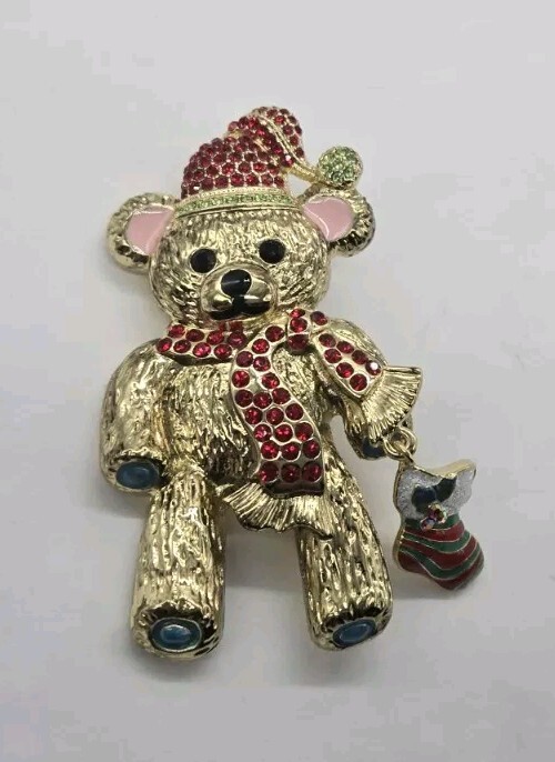Kirks Folly Christmas Teddy Bear Brooch Pin Pendant Gold tone