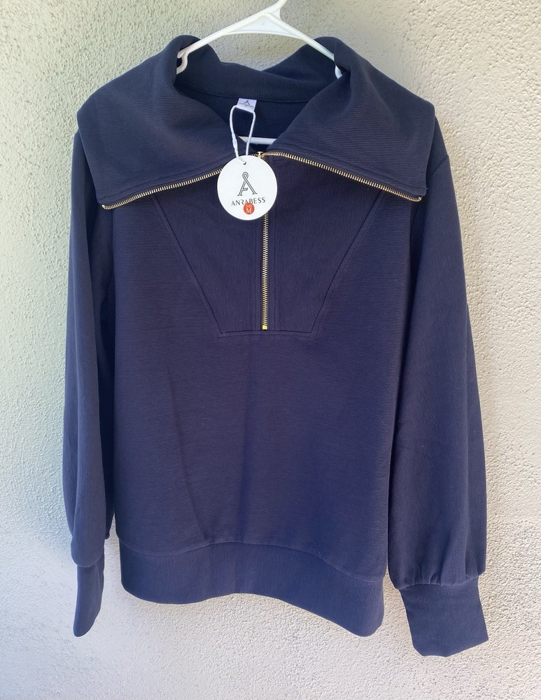 ANRABESS Navy 1/2 Zip Collared Pullover Sweatshirt Women's Regular M Knit