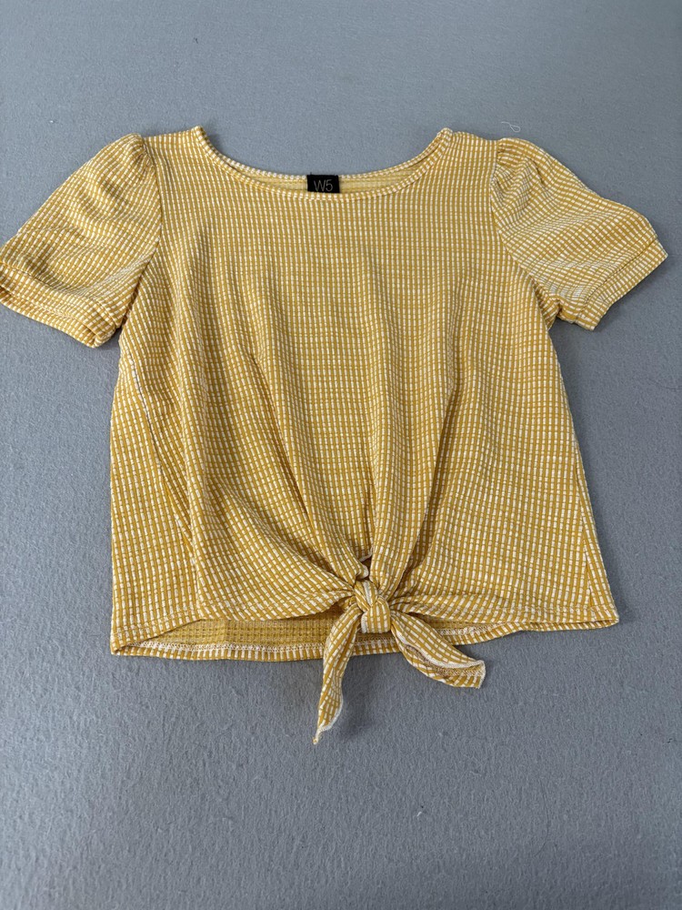 W5 Shirt Womens Medium Yellow White Tie Front Puff Sleeve Textured Casual Top