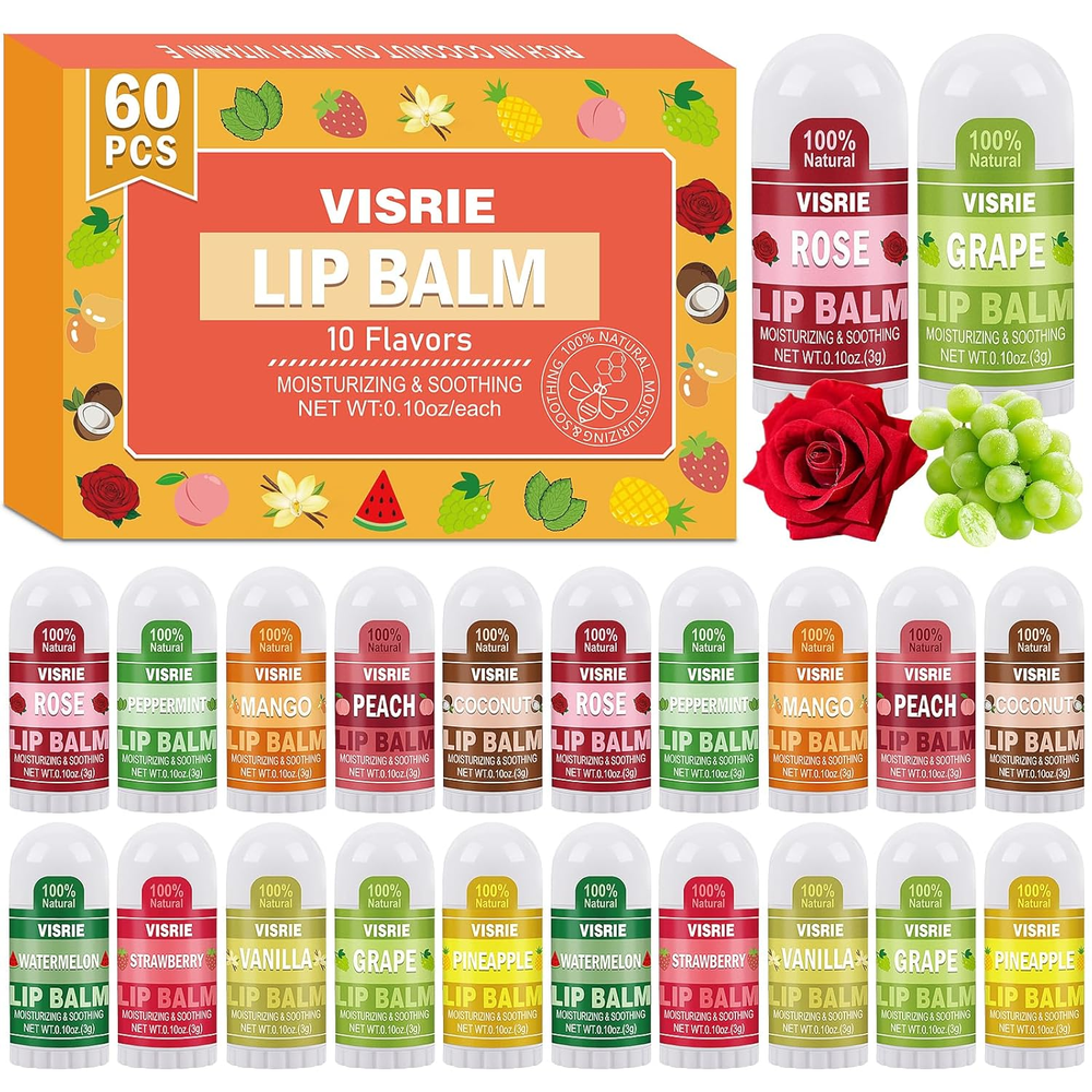 Mini Lip Balm 60 Pack, Natural Lip Balms Bulk with Vitamin E and Coconut Oil, Mo