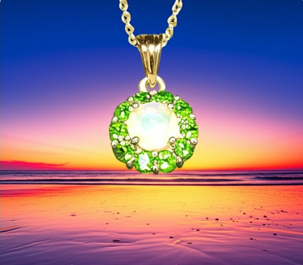 Stunning Ethiopian Opal & Chrome Diopside Gold Over Silver Pendant/ 18