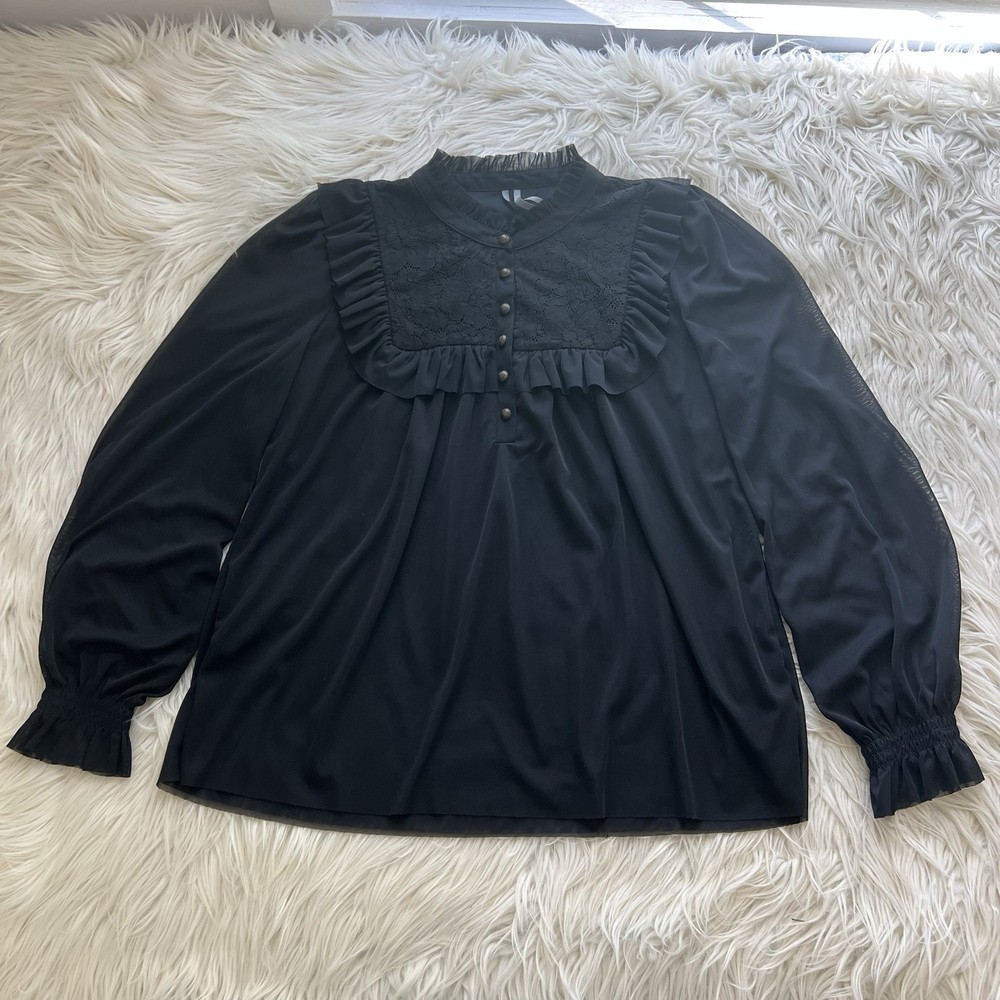 Anthropologie Black Sheer Blouse Womens S Puff Balloon Sleeve Lace Coquette