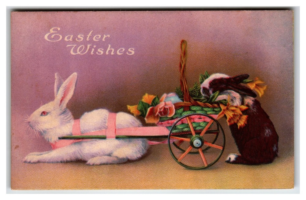 Vintage Easter Wishes Postcard Bunnies Rabbit Cart Flowers Divided Back USA