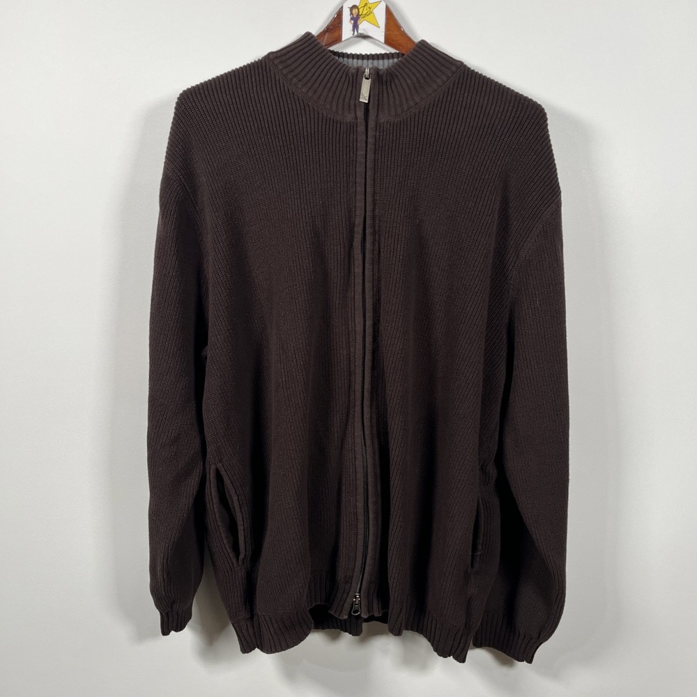 100% Cotton Full Zip Cardigan Sweater Preppy Business Casual Retro Mock Neck XL