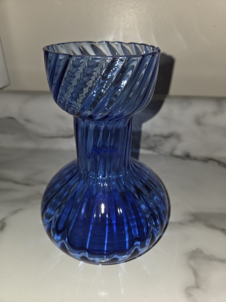 6.5” Hand Blown Art Glass Bud Vase Transparent Cobalt Blue Fluted Swirl Pattern