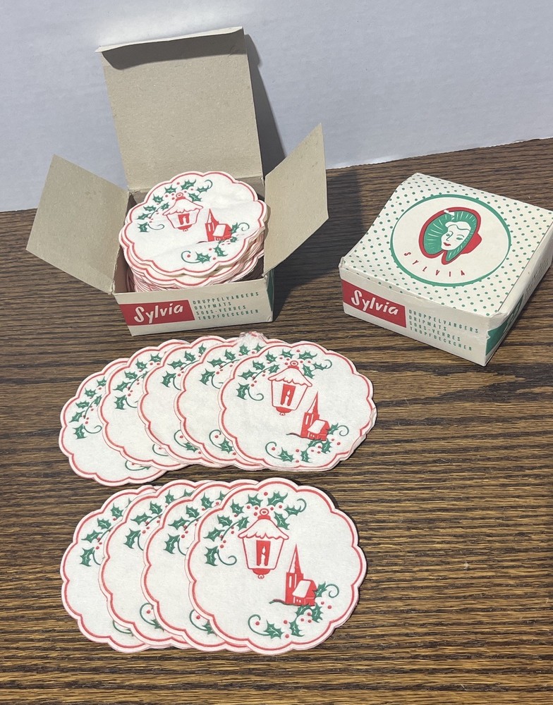Vintage MCM Sylvia Paper Drip Mats Coasters-Christmas Holiday Design 36 count
