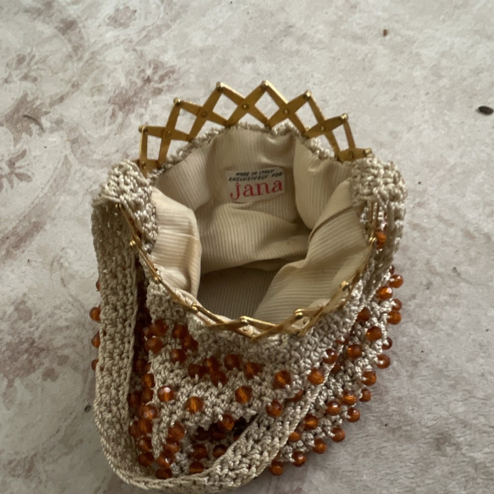 Made in Italy. Exclusively for jana.   Crochet Beaded Boho Bag Gold Metal Frame