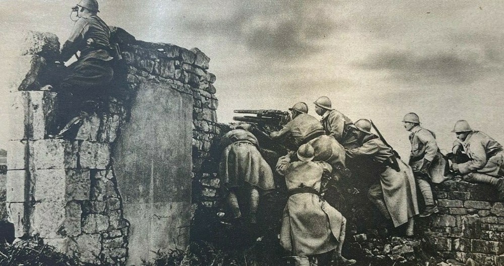 1917 Vintage WWI Illustration Fighting in Ruins of Village Church in Picardy