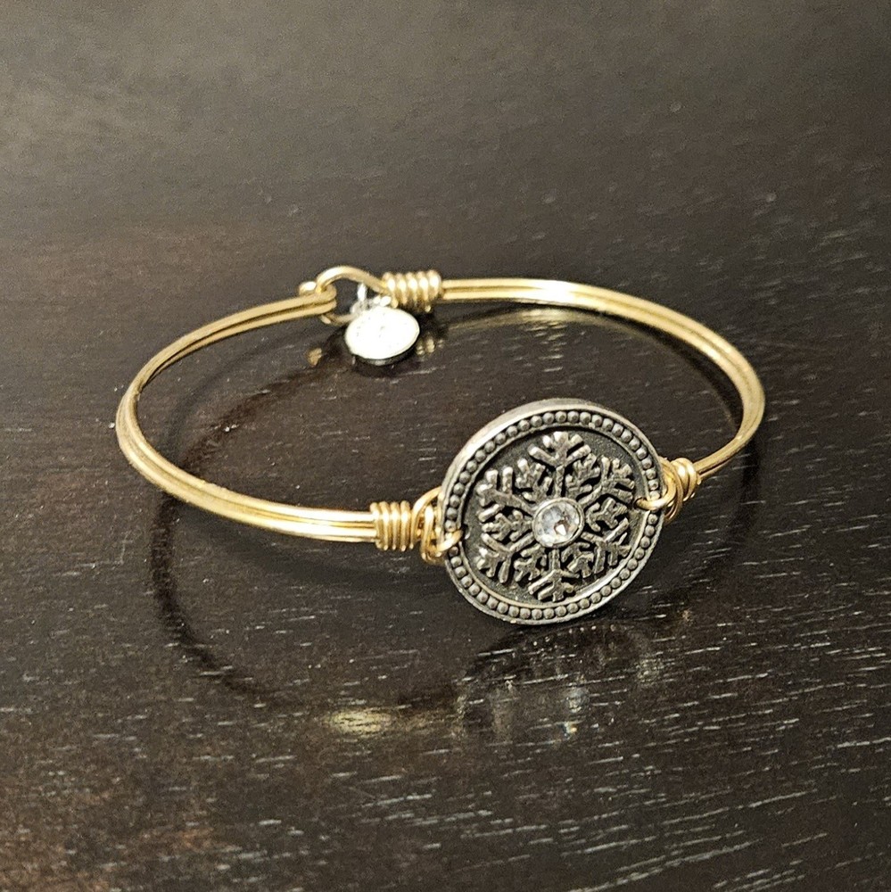 Luca + Danni Snowflake Swarovski Crystal Brass Rustic Bangle  Silver Tone Charm