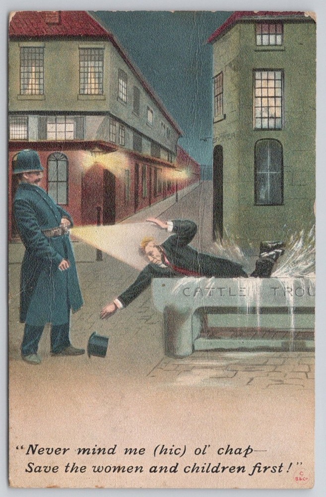 1910 Bamforth Humorous Policeman Drunk Man Cattle Trough Postcard Posted