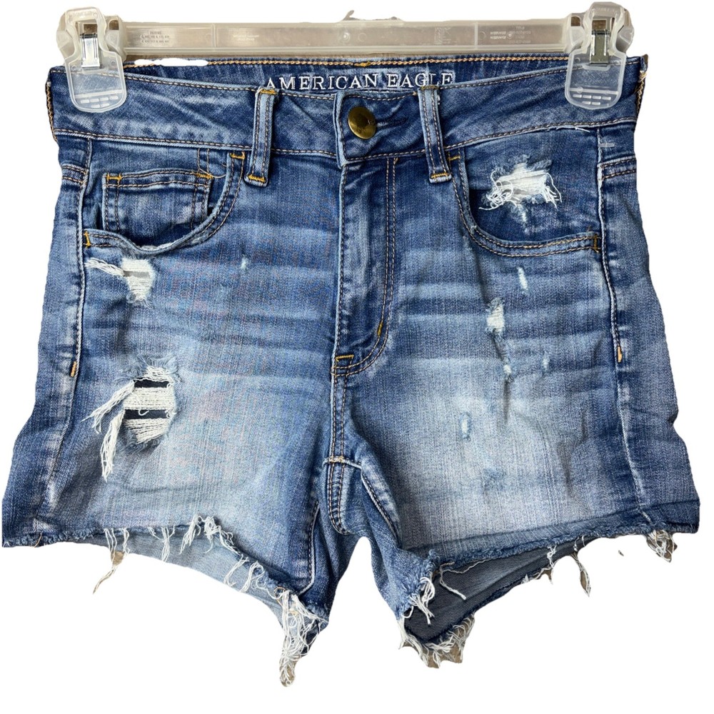 American Eagle Women High Rise Shortie Denim Jean Shorts Sz 4 Distress cut off