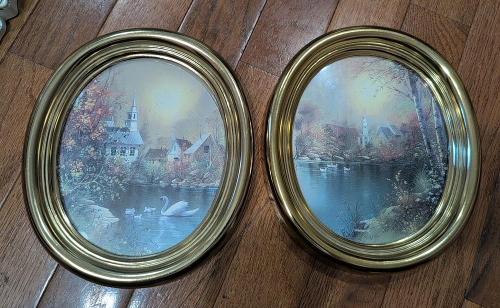 Vintage Small Set of 2 Homco Gold Plastic Oval Picture Frames Swan Church USA