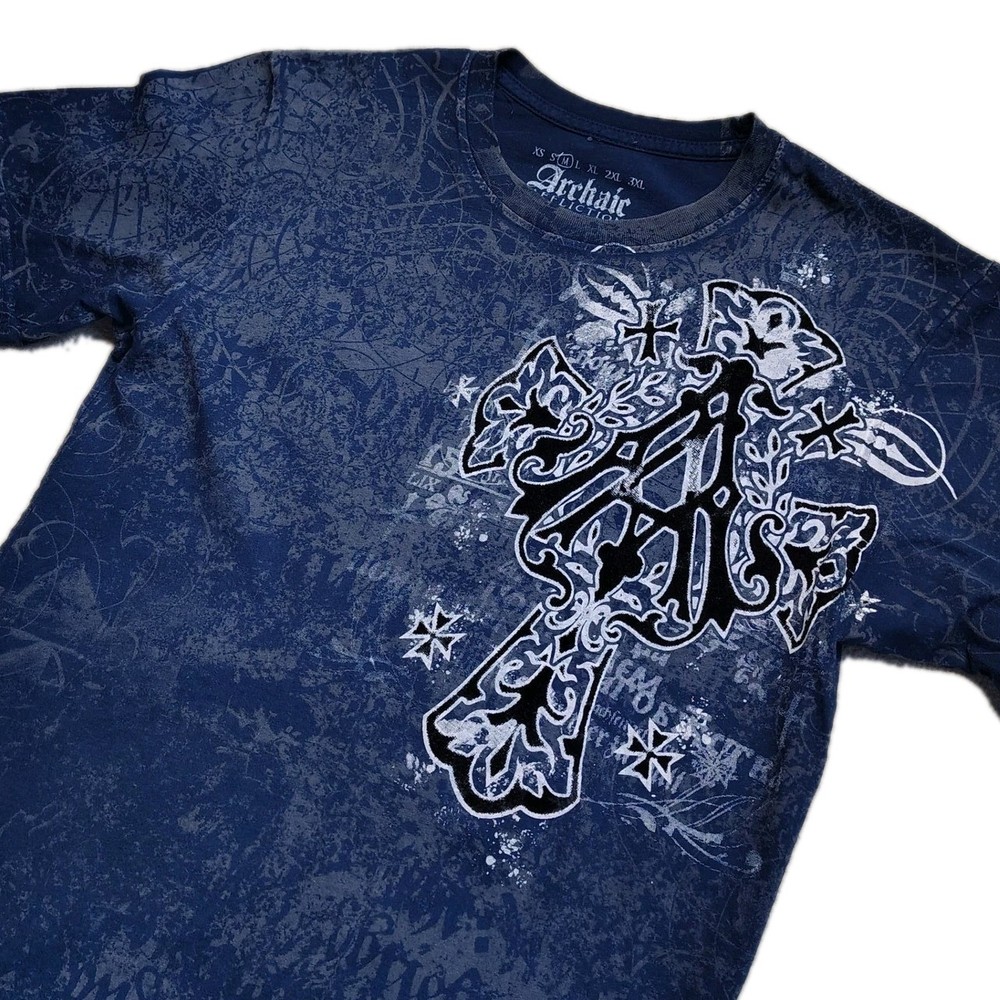 Archaic by Affliction T Shirt Mens Medium Blue Gothic Cross Graphic MMA Y2K Tee
