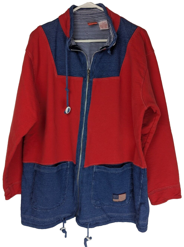 Liz Claiborne Womens M Jacket Red Full Zip Blue Denim 90s Patriotic Flag USA Vtg