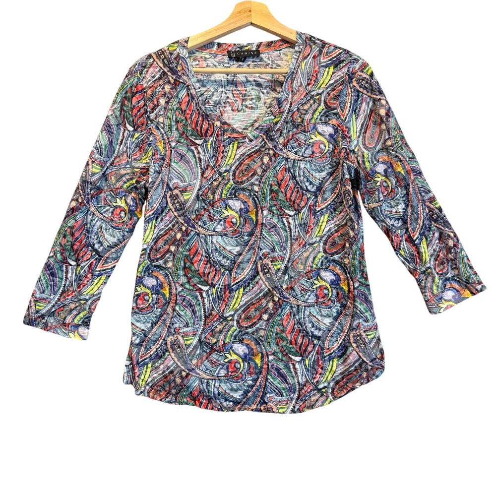 Carine V Neck Shirt Top M Medium Vibrant Paisley Splash Abstract