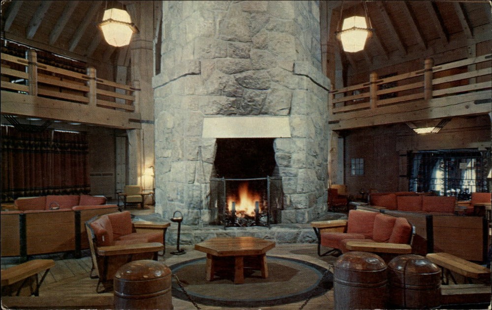 Mount Hood Oregon Timberline Lodge fireplace unused vintage postcard