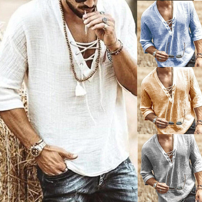 New Mens Short Sleeve Chest Lace Up Chicken Eyes Medium Sleeve T-Shirt Shirt