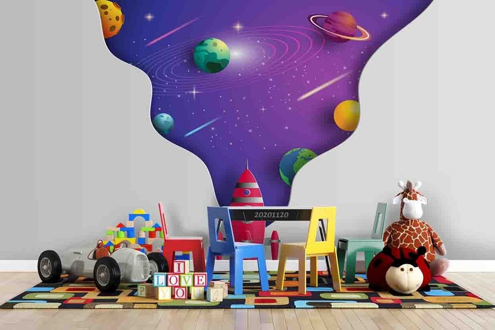 3D Space Rocket Planet Paper-Cut Style Wall Murals Wallpaper Murals Wall Sticker